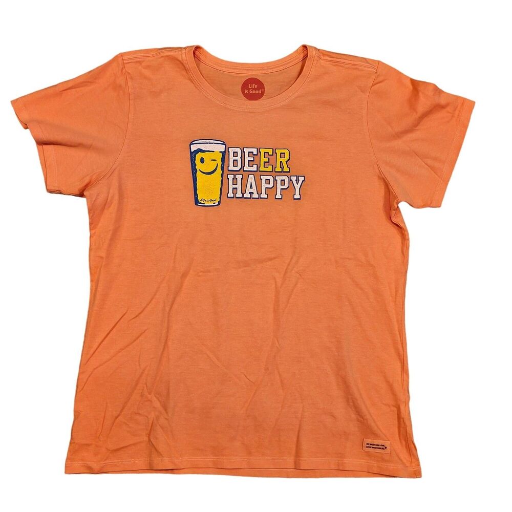 Life is Good Men's Orange "Beer Happy" Short Sleeve T-Shirt Size Large